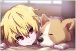  animal bad_id bad_pixiv_id bangs blonde_hair blurry blurry_background child_gilgamesh closed_eyes closed_mouth depth_of_field dog eyebrows_visible_through_hair fate/grand_order fate/hollow_ataraxia fate_(series) hair_between_eyes looking_away looking_to_the_side male_focus red_eyes smile solo tongue tongue_out wada_kazu 
