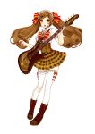  absurdres boots bow brown_footwear brown_hair electric_guitar full_body guitar hair_ribbon highres instrument izumi_(maiko) long_hair maid_headdress maidroid_yukico-tan music official_art open_mouth playing_instrument plectrum puffy_short_sleeves puffy_sleeves ribbon short_sleeves solo striped striped_bow thighhighs transparent_background twintails underbust white_legwear yukico-tan yukijirushi 