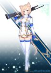  animal_ears apple_caramel arm_up artist_name bangs blonde_hair blue_eyes boots cat_ears cat_girl cat_tail crossed_legs dress eyebrows_visible_through_hair gold_trim gun head_tilt holding holding_gun holding_weapon long_sleeves looking_at_viewer md5_mismatch original over_shoulder parted_lips scope short_dress solo standing tail thigh_boots thighhighs watermark watson_cross weapon weapon_over_shoulder weapon_request white_dress white_footwear white_legwear zettai_ryouiki 