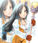  1girl breasts brown_hair cleavage closed_mouth commentary_request final_fantasy final_fantasy_ix garnet_til_alexandros_xvii gloves groin jewelry long_hair low-tied_long_hair medium_breasts necklace solo weapon 