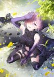  armor black_footwear black_leotard boots elbow_gloves fate/grand_order fate_(series) flower from_above gloves hair_over_one_eye hand_over_face lavender_hair leaf leotard mash_kyrielight open_mouth pixiv_fate/grand_order_contest_2 purple_eyes purple_gloves sandeul shield short_hair sitting smile solo thigh_boots thighhighs wariza water 