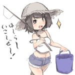  :d bare_arms bare_shoulders blue_shorts blush breasts brown_eyes brown_hair bucket camisole collarbone fang fishing_line fishing_rod hat highres holding holding_bucket holding_fishing_rod kantai_collection long_hair medium_breasts midriff miyuki_(kantai_collection) navel open_mouth short_shorts shorts simple_background smile solo sparkle strap_slip straw_hat translation_request u-non_(annon'an) white_background white_camisole 