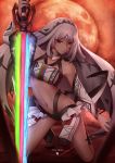  absurdres altera_(fate) arm_warmers blueriest expressionless fate/grand_order fate_(series) fingernails full_body full_body_tattoo highres kneeling looking_at_viewer moon photon_ray pixiv_fate/grand_order_contest_2 red_eyes red_moon short_hair solo sword tattoo weapon white_hair 