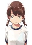  bangs brown_eyes brown_hair kantai_collection looking_at_viewer low_twintails matsutani parted_bangs shirayuki_(kantai_collection) shirt short_hair short_twintails simple_background solo twintails upper_body white_background white_shirt 