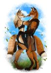  2018 anthro breasts canine clothing couple_(disambiguation) deyvarah digital_media_(artwork) female fox grass hug knife leaves male male/female mammal mountain outside smile standing 