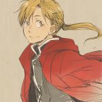  alphonse_elric black_shirt blonde_hair coat conqueror_of_shambala eyebrows_visible_through_hair floating_hair fullmetal_alchemist grey_background happy long_hair looking_away male_focus ponytail red_coat shirt simple_background smile solo tame upper_body yellow_eyes 