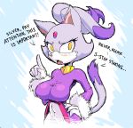  anthro big_breasts blaze_the_cat blush breasts cat clothed clothing coat dipstick_tail embarrassed english_text fangs feline female frustrated fur gloves hair hairband hand_on_hip jewelry mammal multicolored_tail pointing ponytail purple_fur purple_hair sonic_(series) teckworks text yellow_eyes 