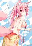  animal_ears backboob bikini breasts commentary_request fox_ears fox_tail hair_ribbon highres kazamatsuri_kazari large_breasts long_hair looking_at_viewer mizuki_(kogetsu-tei) original pink_hair print_sarong red_eyes ribbon sarong smile solo swimsuit tail 