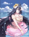  ahoge albedo alfredwong bangs bare_shoulders bikini black_hair black_wings blush bracelet breasts cleavage cloud collarbone commentary day demon_girl demon_horns demon_wings falling_feathers feathered_wings feathers flower hair_between_eyes hair_flower hair_ornament hand_on_own_chest horns innertube jewelry large_breasts long_hair looking_at_viewer low_wings navel necklace ocean open_mouth outdoors overlord_(maruyama) sky slit_pupils swimsuit wading water water_drop waves white_bikini wings yellow_eyes 