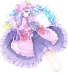  bad_id bad_pixiv_id bangs barefoot blush book bow closed_mouth commentary crescent dress hair_bow hat highres holding holding_book long_hair long_sleeves looking_at_viewer lying mob_cap on_back patchouli_knowledge pillow pink_capelet pink_dress pink_hat purple_bow purple_dress purple_eyes purple_hair red_bow revision sleeves_past_wrists solo star star_pillow symbol_commentary touhou tsukiyo_(skymint) very_long_hair white_background 