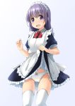  :d apron ass_visible_through_thighs blush bow bow_panties bowtie cameltoe crotch_seam dress dress_lift fang frilled_apron frilled_dress frills highres lifted_by_self looking_at_viewer maid maid_headdress open_mouth original panties puffy_short_sleeves puffy_sleeves purple_eyes purple_hair shibacha short_dress short_sleeves sidelocks simple_background smile solo thighhighs underwear 
