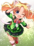  ;d animal_ears blonde_hair blurry bow brooch cat_ears cat_tail commentary depth_of_field dress earrings fake_animal_ears fang gradient gradient_background green_dress hairband highres jewelpet_(series) jewelpet_twinkle jewelry miria_marigold_mackenzie nyama one_eye_closed open_mouth outstretched_arm red_bow red_hairband salute smile solo tail twintails white_footwear 