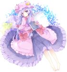  bad_id bad_pixiv_id bangs barefoot blush book bow closed_mouth commentary crescent dress hair_bow hat highres holding holding_book long_hair long_sleeves looking_at_viewer lying mob_cap on_back patchouli_knowledge pillow pink_capelet pink_dress pink_hat purple_bow purple_dress purple_eyes purple_hair red_bow sleeves_past_wrists solo star star_pillow symbol_commentary touhou tsukiyo_(skymint) very_long_hair white_background 