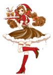  absurdres boots brown_dress brown_eyes brown_hair christmas cup dress drinking_glass drinking_straw full_body fur_trim hat highres izumi_(maiko) long_hair looking_at_viewer looking_back maidroid_yukico-tan official_art open_mouth puffy_short_sleeves puffy_sleeves red_footwear santa_hat short_sleeves smile solo standing standing_on_one_leg thigh_strap transparent_background tray twintails yukico-tan yukijirushi 