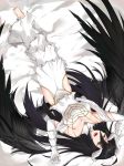  albedo black_hair black_wings breasts demon_girl demon_horns demon_wings dndeh317 dress elbow_gloves feathered_wings feathers feet gloves hair_between_eyes highres horns large_breasts long_hair lying open_mouth overlord_(maruyama) thighhighs thighs wings yellow_eyes 