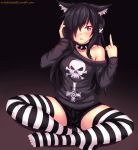  animal_ears betsy_(fast-runner-2024) black_hair cat_ears collar fast-runner-2024 gradient gradient_background headphones highres indian_style long_hair middle_finger off_shoulder original red_eyes shorts sitting solo spiked_collar spikes striped striped_legwear thighhighs watermark web_address 