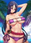  arm_behind_head armlet armpits bikini black_hair breasts choker collarbone cowboy_shot curvy eyepatch_bikini fate/grand_order fate_(series) floral_print large_breasts long_hair looking_at_viewer minamoto_no_raikou_(fate/grand_order) minamoto_no_raikou_(swimsuit_lancer)_(fate) navel pixiv_fate/grand_order_contest_2 print_bikini purple_bikini purple_eyes qblade side-tie_bikini signature skindentation smile solo summer swimsuit thick_eyebrows wide_hips 