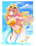 bikini blonde_hair breasts commentary highres iesupa long_hair prosthesis prosthetic_arm purple_eyes rwby solo swimsuit wavy_hair yang_xiao_long 