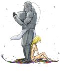  alphonse_elric androgynous apron armor back-to-back blonde_hair covering expressionless full_armor full_body fullmetal_alchemist fuyu_(huyu-uti) gloves hair_over_face long_hair looking_back looking_down male_focus multicolored nude nude_cover ribs simple_background sitting skinny white_background 