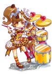  absurdres bow brown_hair dress drum drumsticks full_body heart high_ponytail highres instrument long_hair looking_at_viewer milcrown_yukico-tan mismatched_legwear official_art pigeon-toed ponytail short_dress smile socks solo striped striped_legwear transparent_background umiheki yellow_eyes yukico-tan yukijirushi 