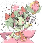  arm_up bare_shoulders blush bow collarbone flower flying_sweatdrops gloves green_hair green_skin hair_bow hair_flower hair_ornament holding holding_wand magical_girl open_mouth original pink_flower plant_girl red_bow red_eyes simple_background solo twintails u-non_(annon'an) wand white_background white_gloves 