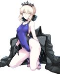  arched_back arm_behind_back artoria_pendragon_(all) artoria_pendragon_(swimsuit_rider_alter) bangs bare_shoulders black_bow black_choker black_gloves black_jacket blonde_hair blue_footwear blue_swimsuit blush bow braid breasts choker collarbone commentary_request competition_swimsuit covered_navel cross-laced_sandals eyebrows_visible_through_hair fate/grand_order fate/stay_night fate_(series) french_braid full_body gloves hair_bow hand_on_thigh harukon_(halcon) highleg highleg_swimsuit highres hips jacket jacket_removed kneeling light_smile looking_at_viewer one-piece_swimsuit pale_skin parted_lips sandals side_cutout sidelocks simple_background small_breasts solo swimsuit thighs tiara white_background yellow_eyes 