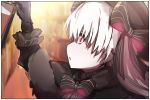  :o arm_up bad_id bad_pixiv_id bangs beret black_bow black_capelet black_gloves black_hat blurry blurry_background blush book bookshelf bow capelet depth_of_field doll_joints elbow_gloves eyebrows_visible_through_hair fate/extra fate_(series) fur-trimmed_capelet fur_trim gloves hair_between_eyes hat indoors long_hair looking_away nursery_rhyme_(fate/extra) parted_lips pink_eyes profile silver_hair sketch solo striped striped_bow wada_kazu 