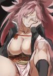  artist_request baiken breasts facial_tattoo guilty_gear hand_on_own_cheek huge_breasts japanese_clothes kimono one-eyed open_clothes open_kimono pink_hair red_eyes scar scar_across_eye tattoo thighs yohane 