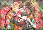  alternate_costume arms_up bangs bare_arms bare_legs bare_shoulders barefoot birdcage blonde_hair cage commentary_request crop_top crystal eyebrows_visible_through_hair eyes_visible_through_hair fang flandre_scarlet flower full_body hair_between_eyes hat hat_ribbon long_hair looking_at_viewer midriff mob_cap mosho navel open_mouth red_eyes red_flower red_rose ribbon rose side_ponytail skirt skirt_set smile solo stomach toes touhou wings wrist_cuffs 