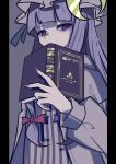  absurdres aie bad_id bad_pixiv_id bags_under_eyes blue_bow book book_focus bow covered_mouth crescent hair_bow hat hat_ribbon highres holding holding_book long_sleeves looking_at_viewer mob_cap open_book patchouli_knowledge purple_eyes purple_hair red_bow ribbon solo striped touhou vertical_stripes 