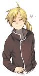 ^_^ alphonse_elric antenna_hair black_shirt blonde_hair character_name clenched_hand closed_eyes conqueror_of_shambala fullmetal_alchemist happy kao_(kaoree) long_hair long_sleeves male_focus ponytail shirt simple_background smile solo upper_body white_background 