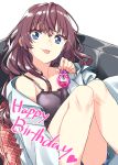  :3 ahoge bad_id bad_pixiv_id bangs black_camisole blue_eyes blue_shorts blush bottle breasts brown_hair collarbone commentary_request couch eyebrows_visible_through_hair happy_birthday highres ichinose_shiki idolmaster idolmaster_cinderella_girls knees_up labcoat long_hair looking_at_viewer medium_breasts perfume_bottle pillow rusk_(canvas4ban) shorts simple_background sitting smile solo thighs tongue tongue_out wavy_hair white_background 