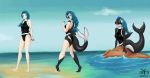  2018 anthro barefoot beach blue_hair breasts butt cetacean clothed clothing detailed_background female fin hair human human_to_anthro long_hair mammal marine open_mouth orca outside ponytail sea seaside sequence sharp_teeth solo standing surprise tail_growth teeth transformation water whale witchfiend 