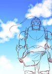  apron armor clenched_hands cloud cloudy_sky day flamel_symbol floating full_armor fullmetal_alchemist helmet highres looking_at_viewer male_focus monma_manmo monochrome outdoors sky solo standing x-ray 