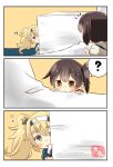  3koma :&lt; ? absurdres artist_name blonde_hair blue_eyes blue_shirt blush brown_eyes brown_hair comic commentary_request flying_sweatdrops gambier_bay_(kantai_collection) gloves hair_between_eyes highres kaga_(kantai_collection) kantai_collection long_hair minigirl multiple_girls open_mouth paper peeking_out shirt short_sleeves side_ponytail speech_bubble spoken_question_mark taisa_(kari) twintails white_gloves 