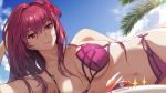  beach bikini breasts chinese_commentary cleavage cloud cloudy_sky collarbone commentary_request crab crab_claw day fate/grand_order fate_(series) flower hibiscus highres linzhong_de_xiongbaobao looking_at_viewer micro_bikini navel palm_tree purple_bikini purple_hair red_eyes scathach_(fate)_(all) scathach_(swimsuit_assassin)_(fate) sky smile solo swimsuit tree 