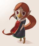  absurdres beak beige_background blue_dress brown_hair commentary dress gradient gradient_background hand_in_pocket highres long_hair medli omaru_gyuunyuu pointy_ears ponytail red_eyes short_sleeves solo the_legend_of_zelda the_legend_of_zelda:_the_wind_waker 