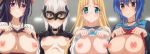  4girls asia_argento black_hair blonde_hair blue_hair breasts breasts_outside green_eyes high_school_dxd himejima_akeno large_breasts multiple_girls nipples purple_eyes silver_hair toujou_koneko xenovia_(high_school_dxd) yellow_eyes 