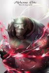  armor artist_name character_name commentary fighting_stance flamel_symbol fullmetal_alchemist gloves grey_background helmet looking_at_viewer male_focus red_eyes rino_(1992085710) simple_background solo white_background 