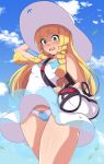  bag blonde_hair blue_sky braid cloud day dress duffel_bag exlic green_eyes hand_on_headwear hat highres leaf lillie_(pokemon) long_hair open_mouth panties poke_ball_theme pokemon pokemon_(game) pokemon_sm sky sleeveless sleeveless_dress solo sun_hat twin_braids underwear white_dress white_hat 