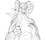  2018 annoyed anthro big_breasts breasts claws deathclaw digital_media_(artwork) fallout female horn looking_at_viewer nude pose scalie simple_background smile solo standing teeth tongue video_games w4g4 