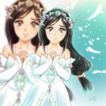  1girl black_hair blush breasts closed_mouth commentary_request dress final_fantasy final_fantasy_ix garnet_til_alexandros_xvii jewelry long_hair low-tied_long_hair necklace solo tears tiara very_long_hair wedding_dress white_dress 