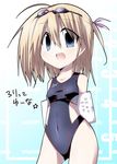  :d ahoge arms_behind_back ass_visible_through_thighs bibi blonde_hair blue_eyes breasts competition_swimsuit covered_navel fang goggles goggles_on_head kickboard one-piece_swimsuit open_mouth original short_hair small_breasts smile solo swimsuit 