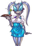  blue_eyes breasts crab food image_sample medium_breasts monster_girl multicolored_hair pixiv_sample solo tagane tray twintails uniform waitress 