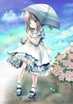  apron brown_hair cloud day flower frills frog green_eyes highres holding hydrangea legs lizrin maid mary_janes open_mouth original rainbow ripples shoes sky socks solo standing umbrella water 