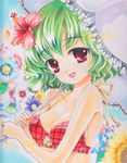  artist_name at_classics bad_id bad_pixiv_id bikini breasts flower green_hair hair_flower hair_ornament hibiscus kazami_yuuka marker_(medium) medium_breasts parasol plaid plaid_bikini red_eyes sample short_hair smile solo sunflower swimsuit touhou traditional_media umbrella upper_body 