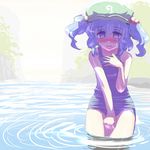  bare_shoulders blue_eyes blue_hair blush covering covering_crotch embarrassed hair_bobbles hair_ornament hat ishikkoro kawashiro_nitori one-piece_swimsuit school_swimsuit short_hair solo swimsuit touhou twintails two_side_up wading water 