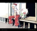  barefoot blush bow ex-keine feet fujiwara_no_mokou hair_bow hair_ribbon hakutaku horn_ribbon horns kamishirasawa_keine kamishirasawa_keine_(hakutaku) kasuga_ayumu_(haruhipo) letterboxed long_hair porch red_eyes ribbon silver_hair sitting sleeves_rolled_up sukusuku_hakutaku suspenders touhou veranda 