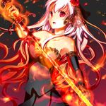  bad_id bad_pixiv_id bare_shoulders dress elbow_gloves embers fire flamberge_(vocaloid) flower gloves hair_flower hair_ornament highres long_hair megurine_luka pink_eyes pink_hair red_eyes solo sword vocaloid weapon yuzuki_kihiro 