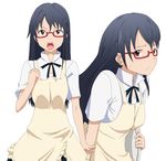  :/ black_hair brown_eyes d: glasses long_hair matsumoto_maya multiple_views open_mouth red-framed_eyewear ribonzu semi-rimless_eyewear under-rim_eyewear waitress working!! 